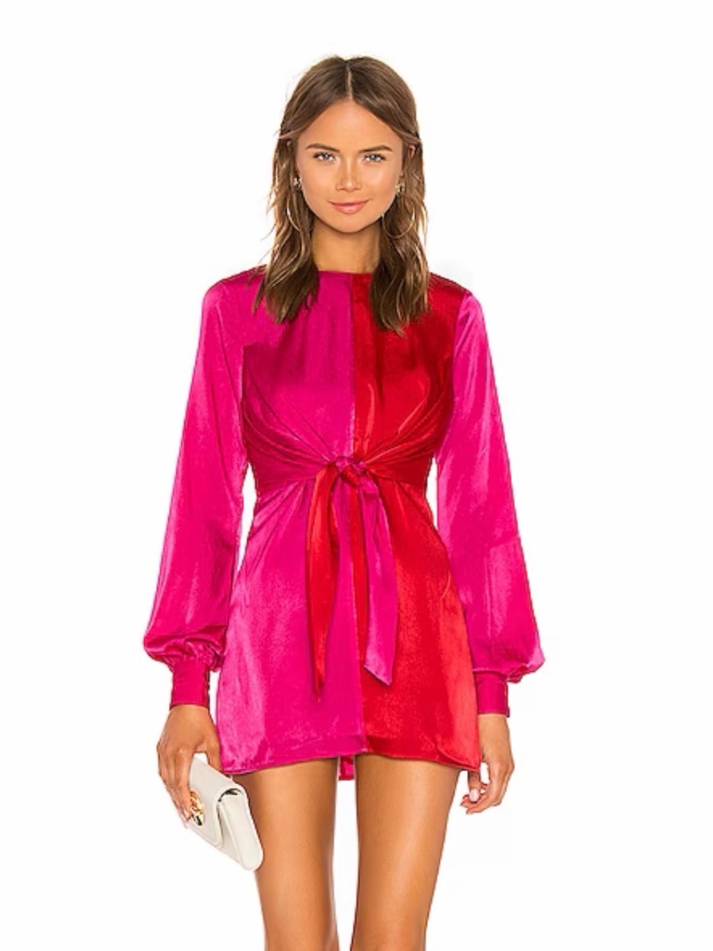 Satin Long-Sleeve Tie-Front Mini Dress in Fuchsia Pink & Red